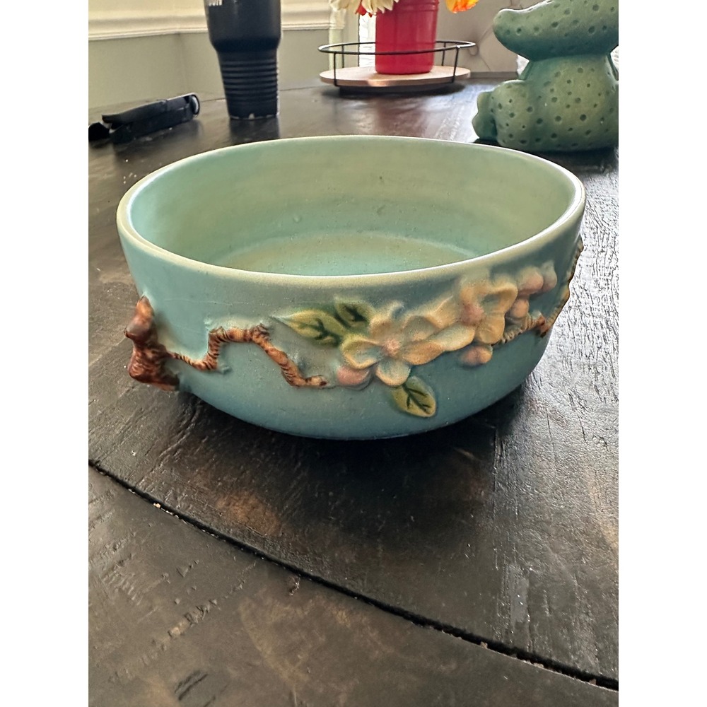 Roseville Pottery Apple Blossom Blue Bowl Planter 326-6 Vintage Art Deco 6 inch